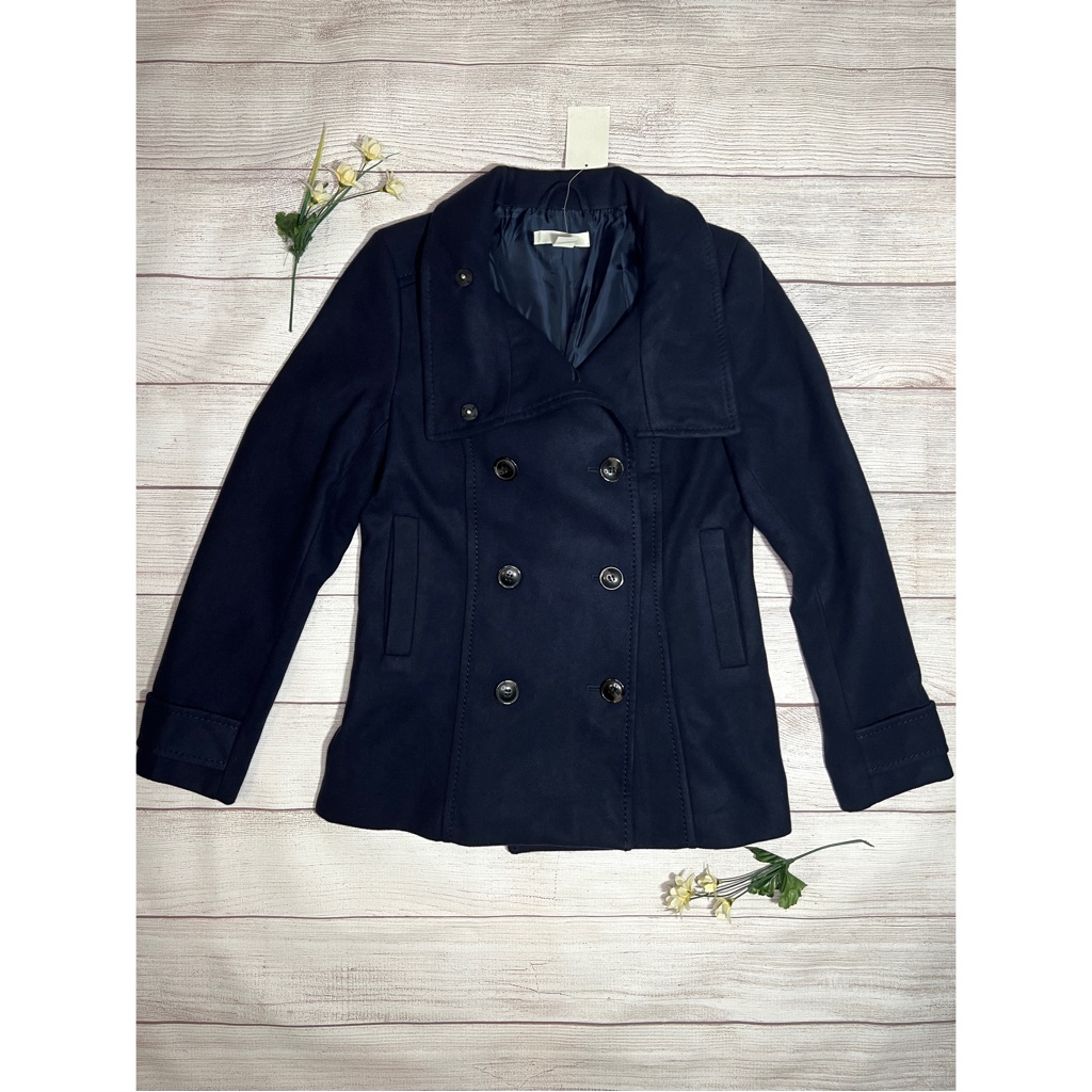 H&M Double Breasted Coat Jacket In Navy